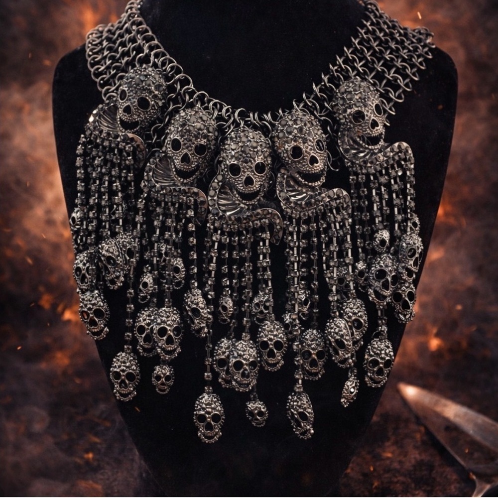 Eyecandy Gothic Skull Statement Necklace Chainmail Rhinestone Choker Punk - Picture 3 of 5